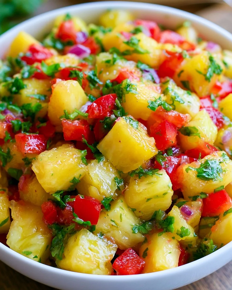 A vibrant bowl of Pineapple Salsa Fresca with diced pineapples and fresh herbs
