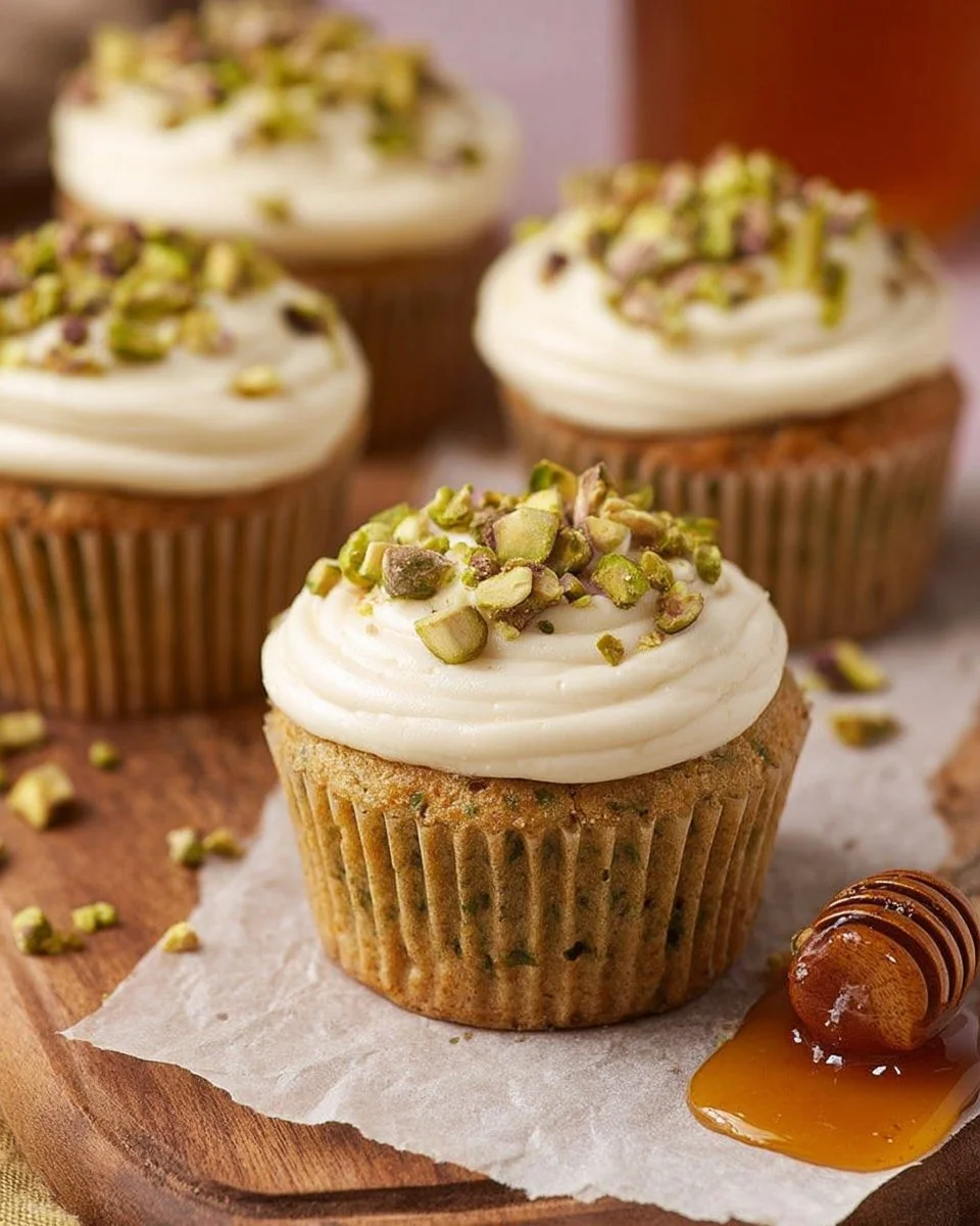 Pistachio cupcakes with honey cream cheese frosting on a decorative plate