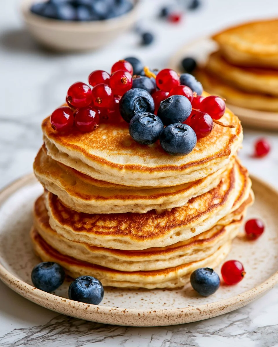 Stack of fluffy protein pancakes topped with berries and syrup