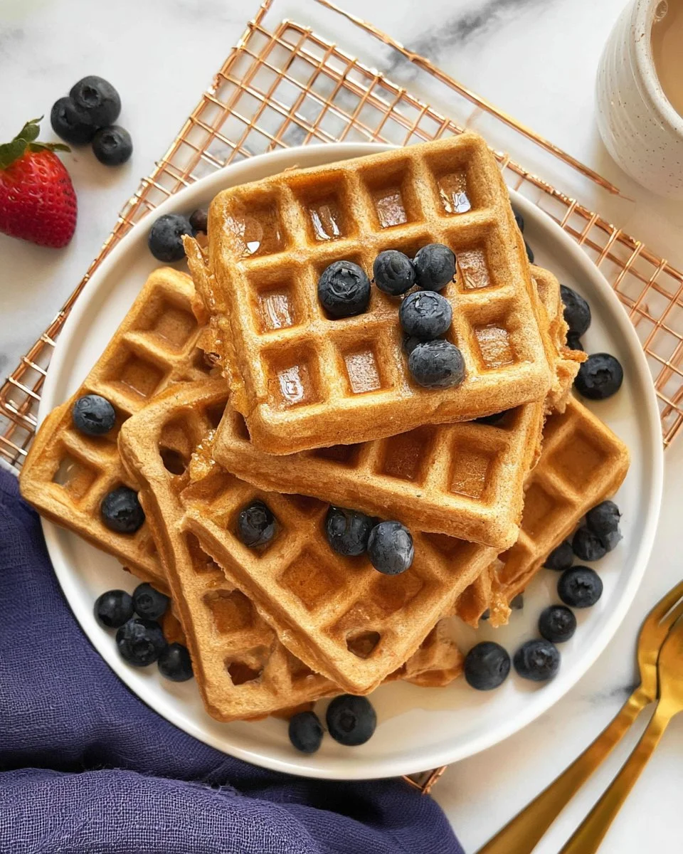 Fluffy protein waffles topped with fresh fruits and syrup.