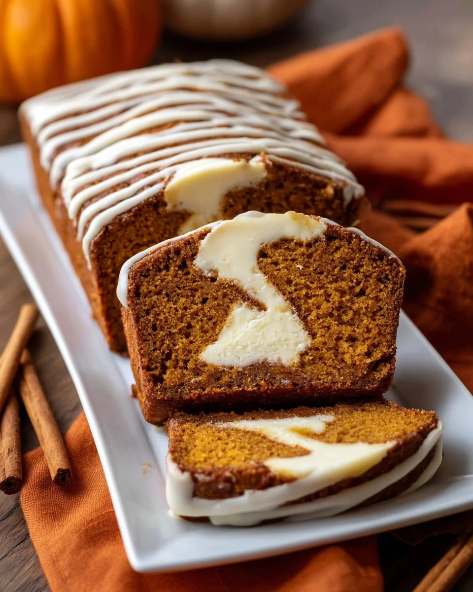 Delicious homemade pumpkin bread with a creamy cheese swirl on top