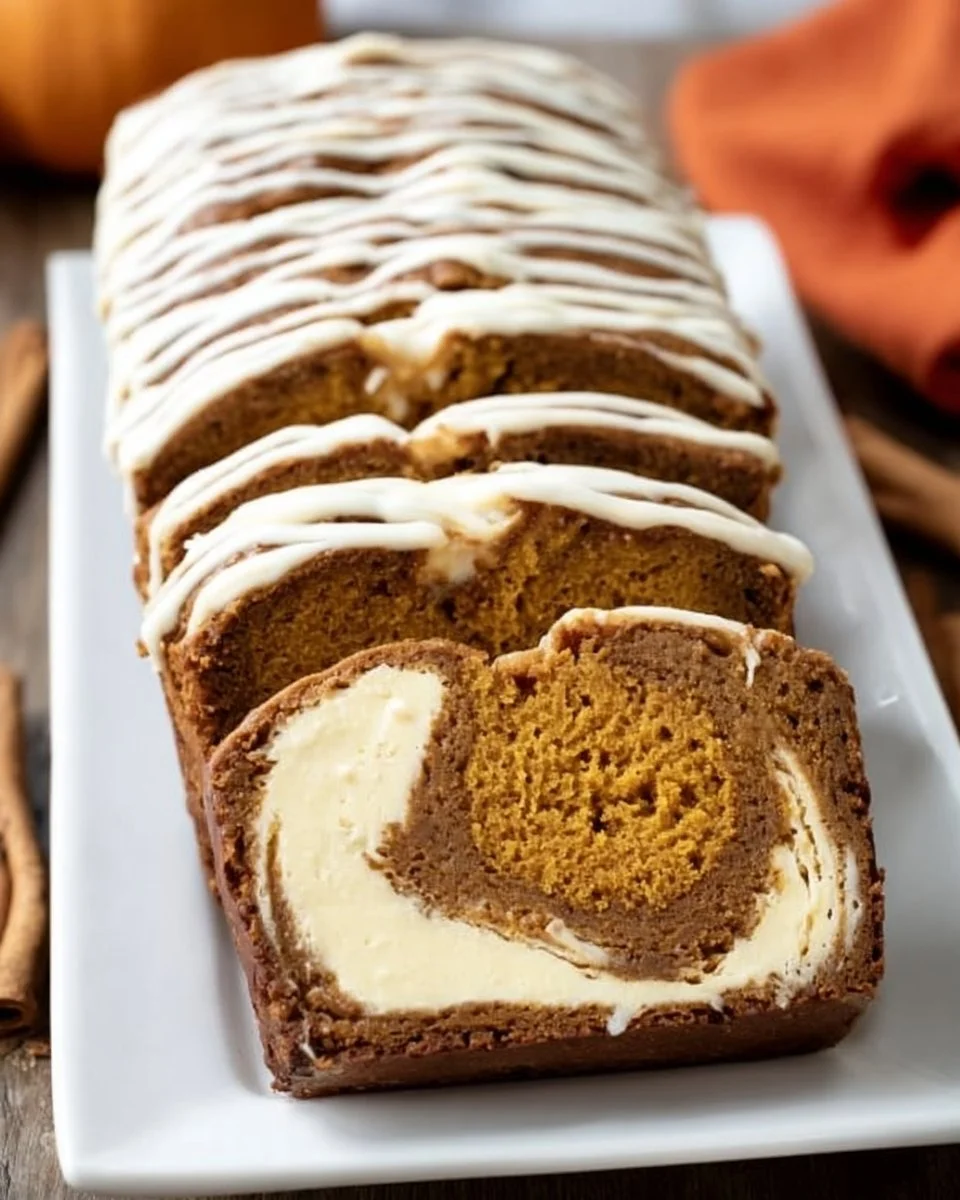 Loaf of pumpkin bread with cream cheese swirl on a rustic wooden table