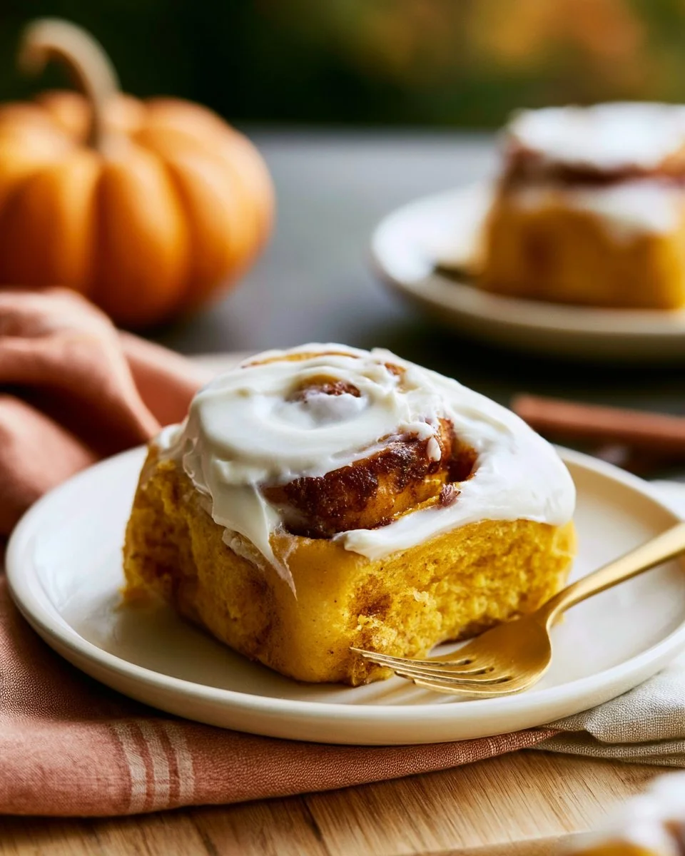 Delicious pumpkin cinnamon rolls topped with maple cream cheese frosting