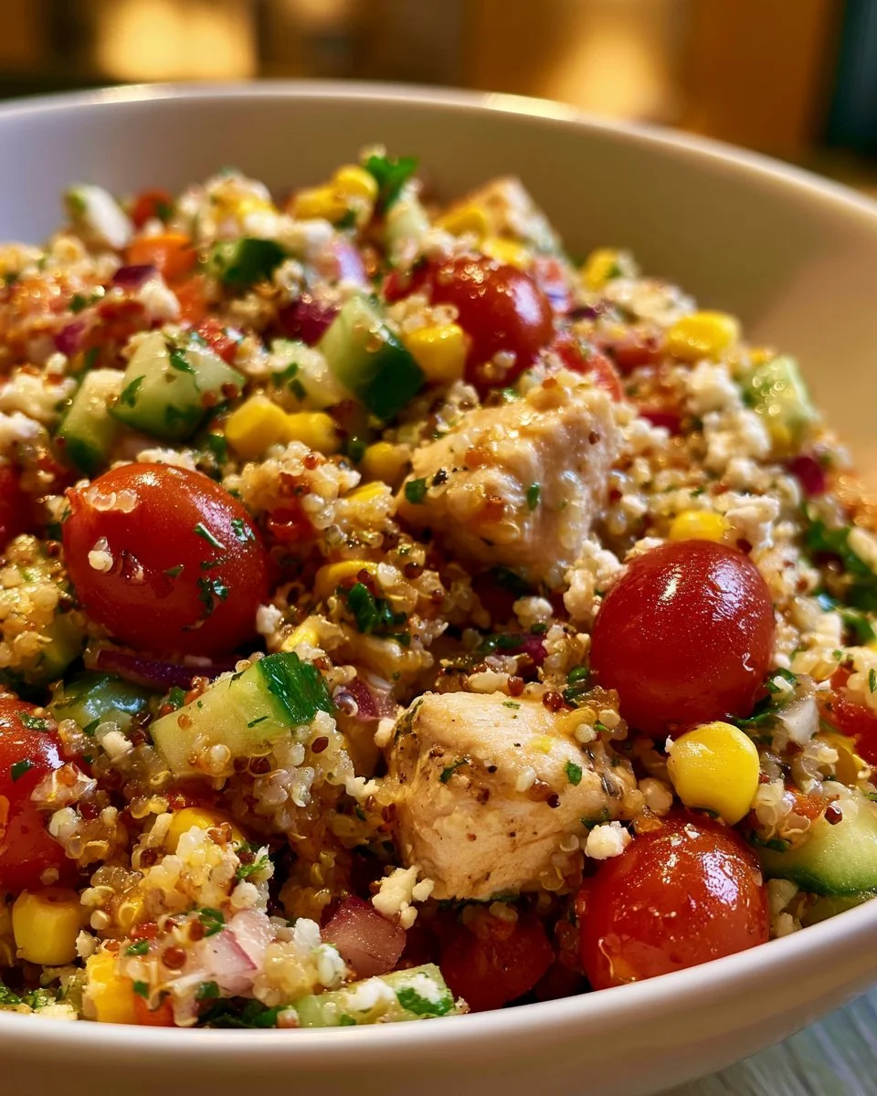 Colorful bowl of quinoa chicken salad with fresh vegetables and dressing