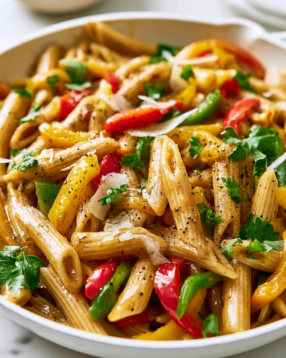 A delicious plate of Rasta Pasta with colorful vegetables and jerk seasoning.