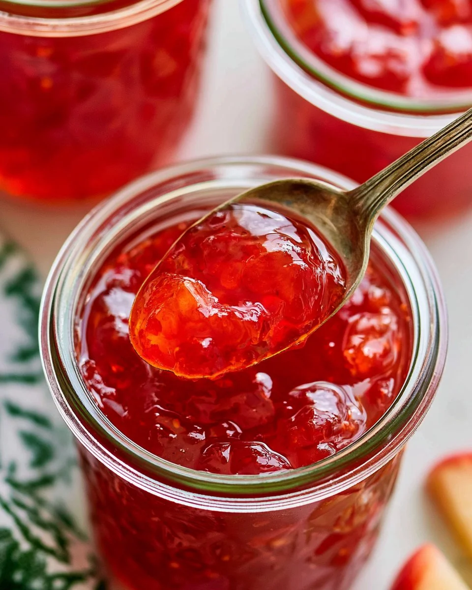 Jar of homemade red pepper jelly with a spoon, showcasing its vibrant color.