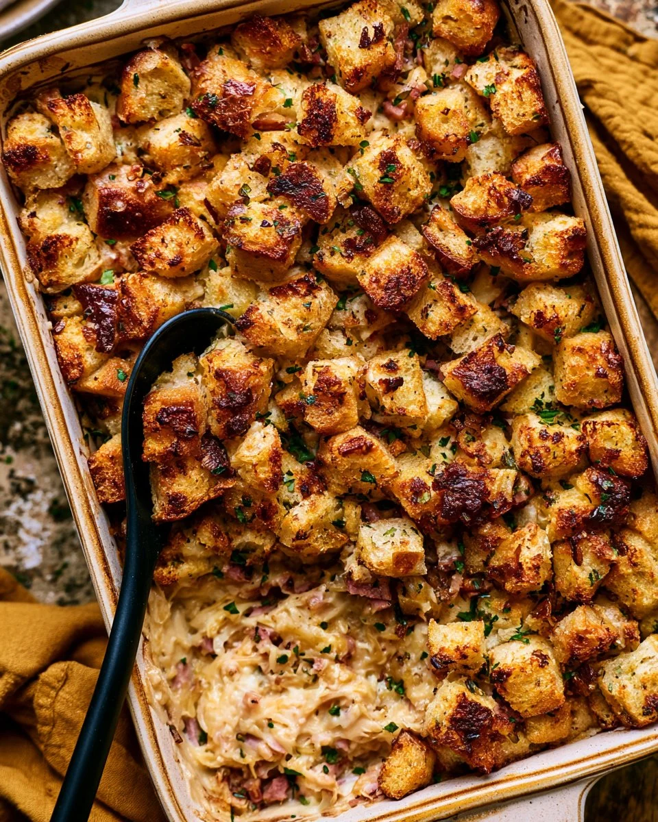 Delicious Reuben casserole topped with melted cheese and sauerkraut
