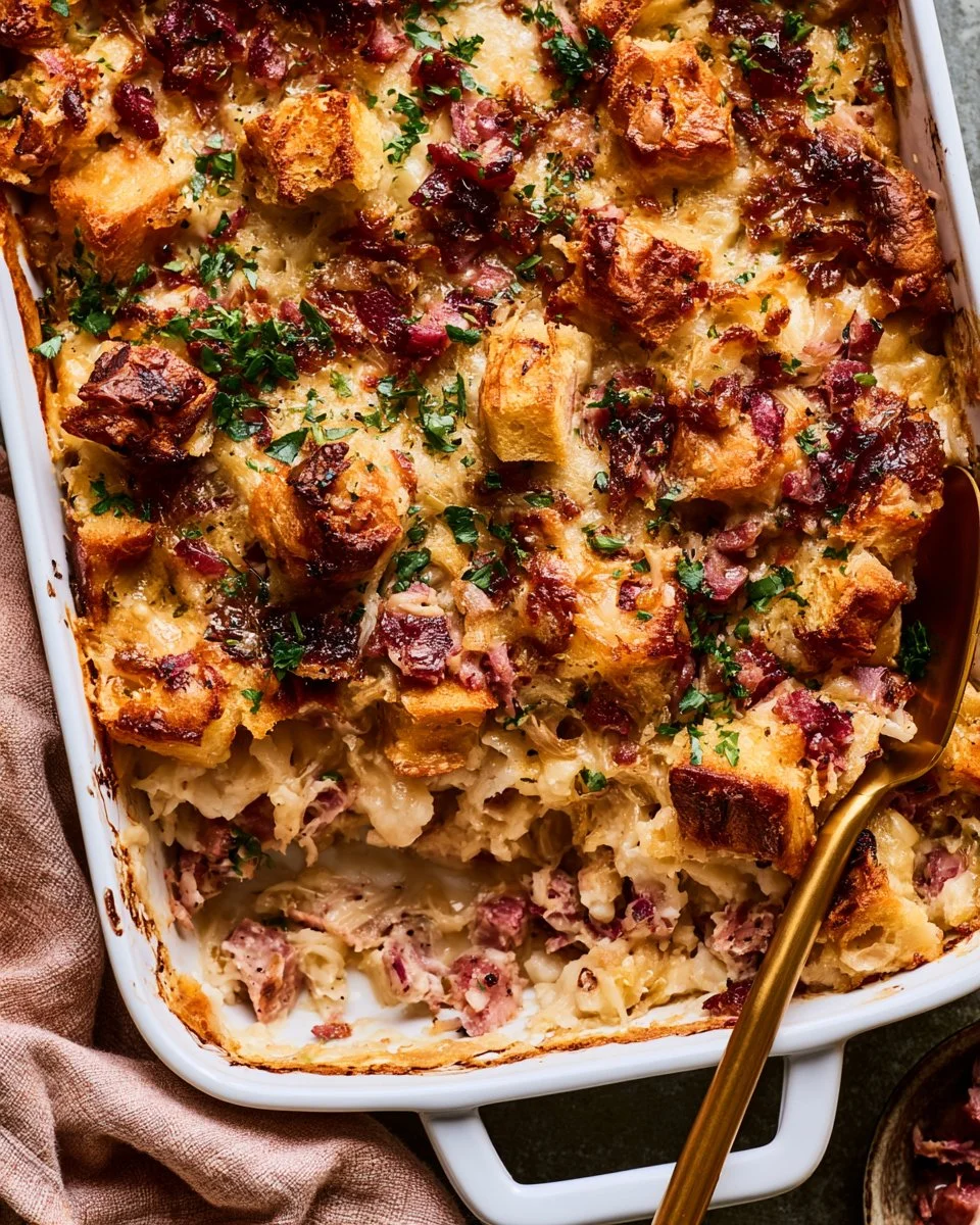 Delicious Reuben Bake Casserole featuring corned beef, sauerkraut, and cheese.
