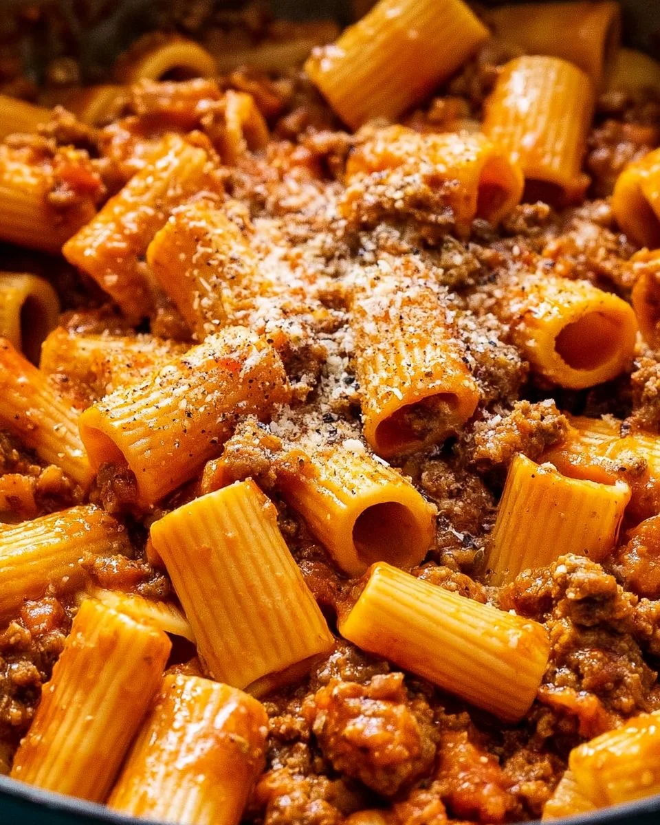 Plate of Rigatoni Bolognese with rich meat sauce and herbs