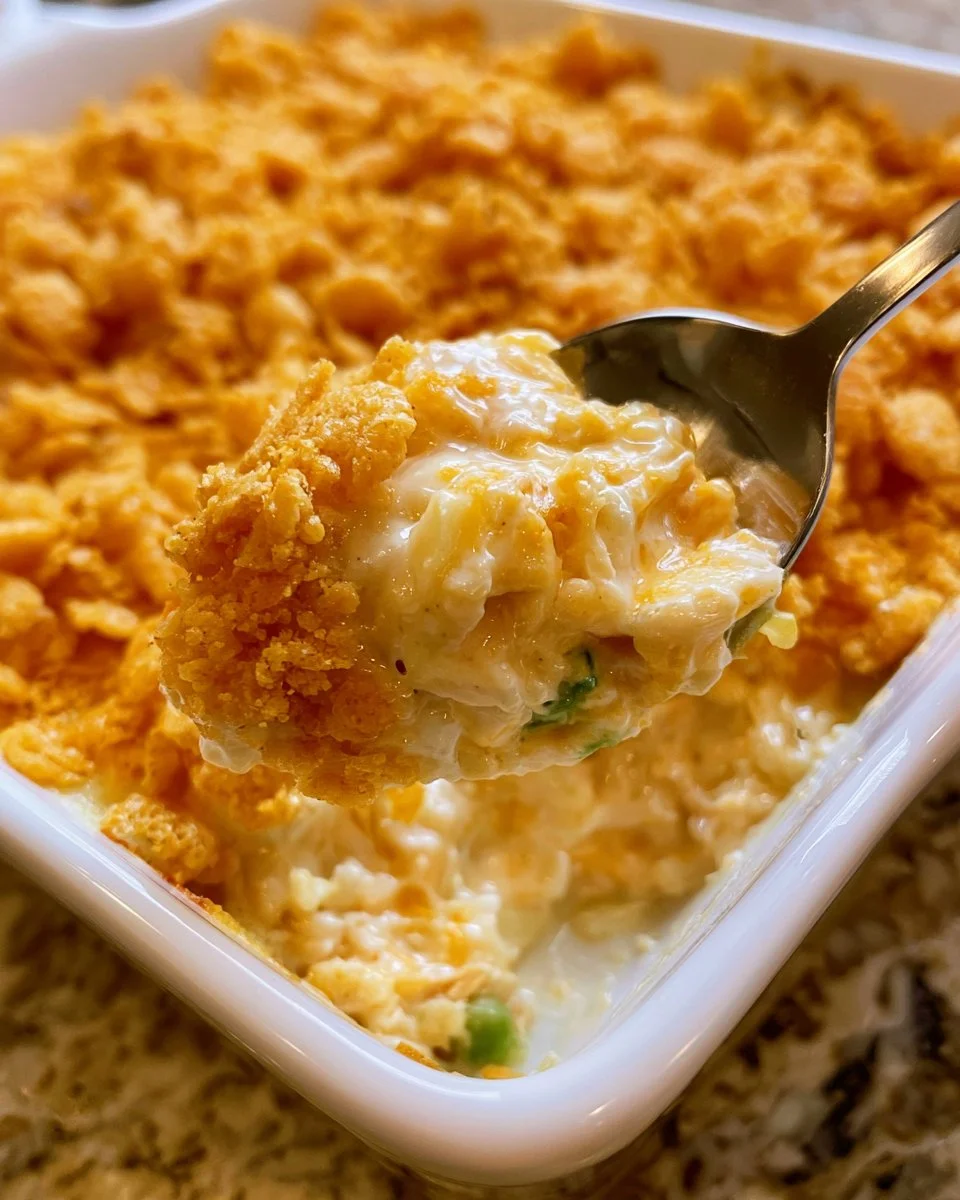 Delicious Ritz Cracker Chicken Casserole topped with crispy Ritz crackers