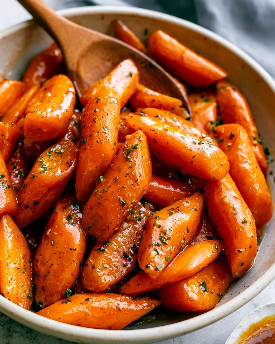 Roasted brown butter garlic carrots with honey served in a dish