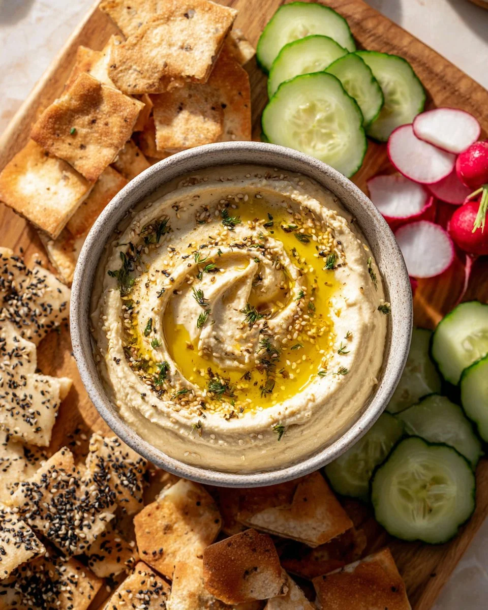 A bowl of roasted cauliflower hummus garnished with olive oil and herbs