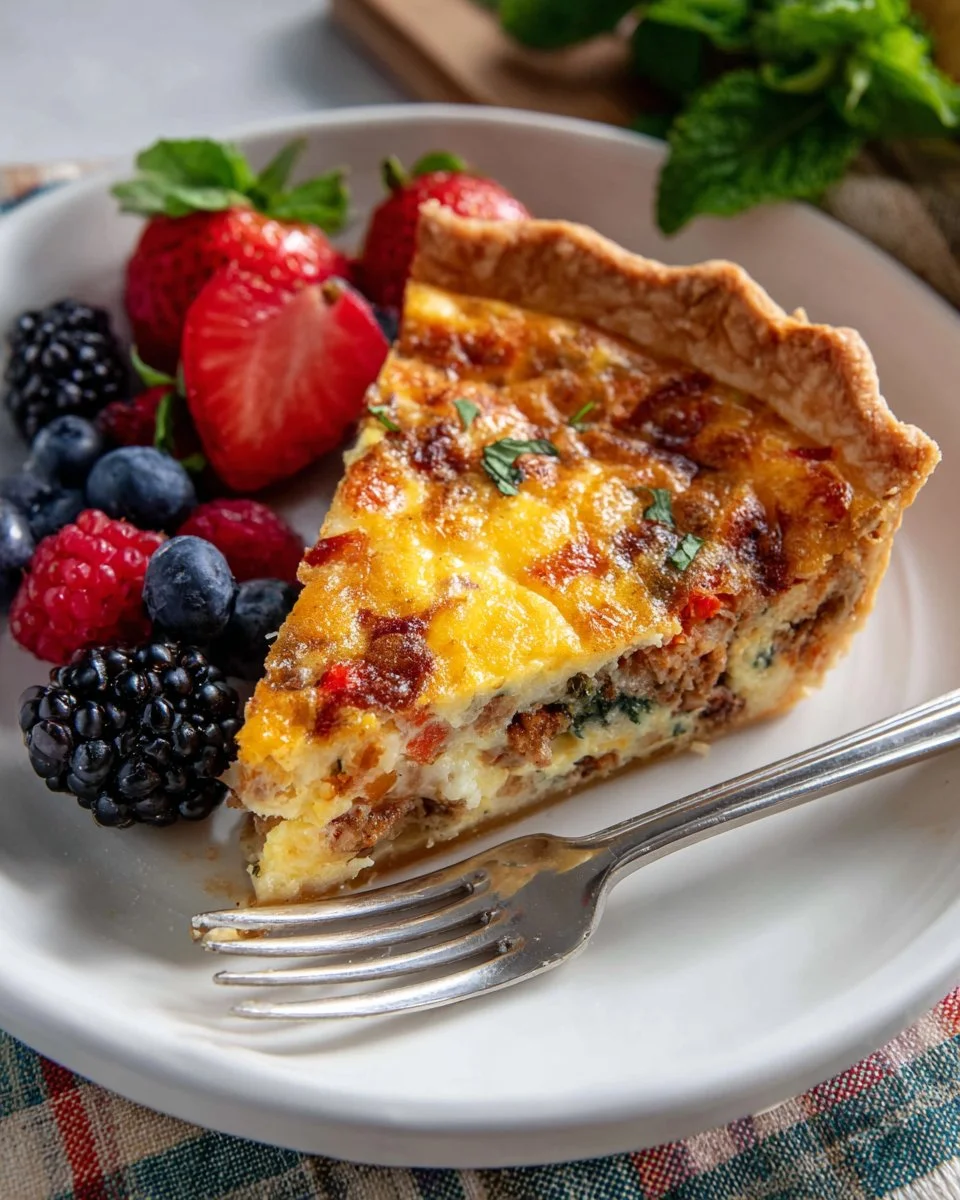Delicious roasted red pepper quiche with sausage, served on a plate.