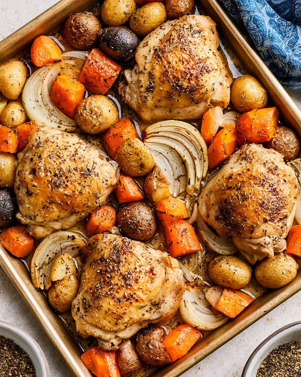 Perfectly roasted chicken thighs on a sheet pan with vegetables