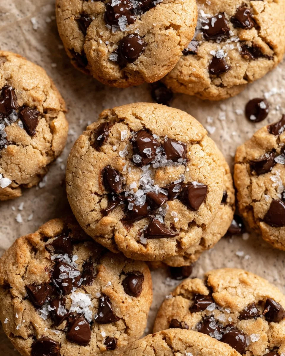 Salted chocolate chip tahini cookies on a rustic wooden surface