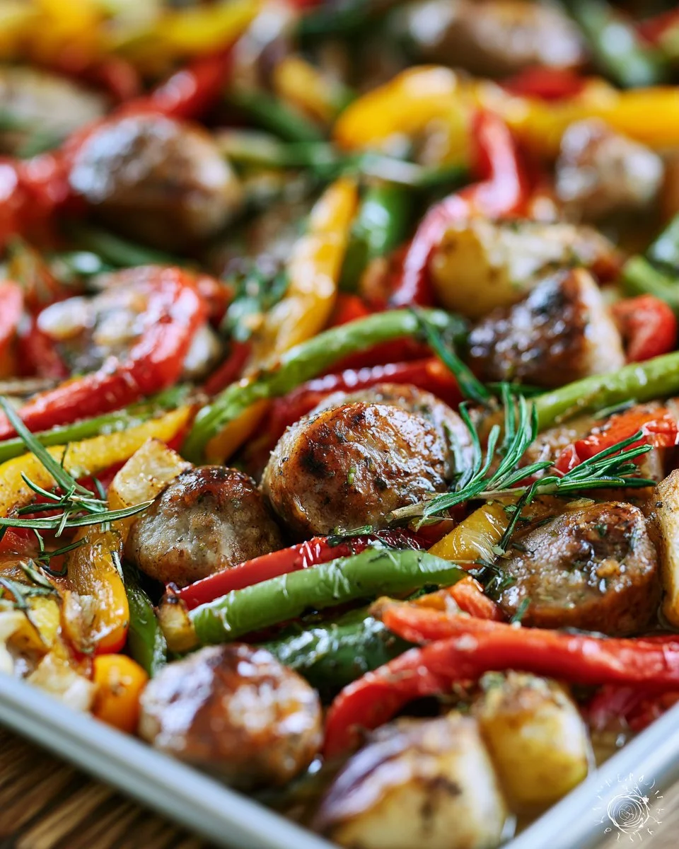 Sausage and Pepper Sheet Pan Dinner served with colorful veggies