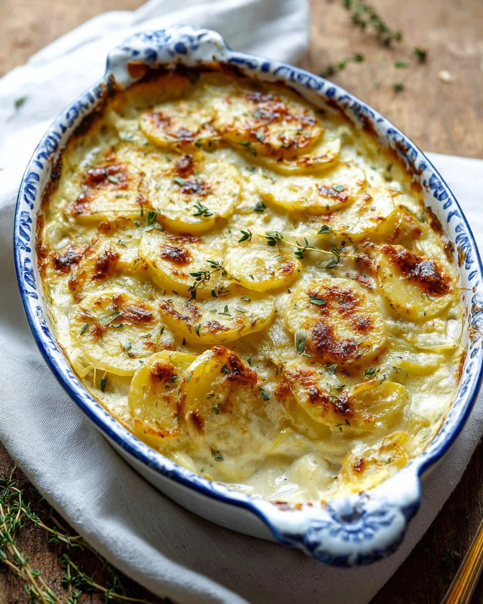 Creamy scalloped potatoes with leeks and thyme served in a dish