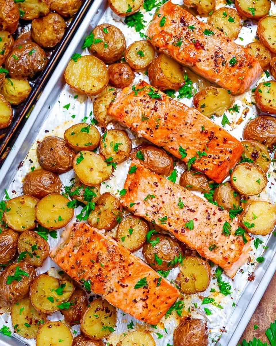 Sheet Pan Lemon Dijon Salmon with Potatoes ready to serve