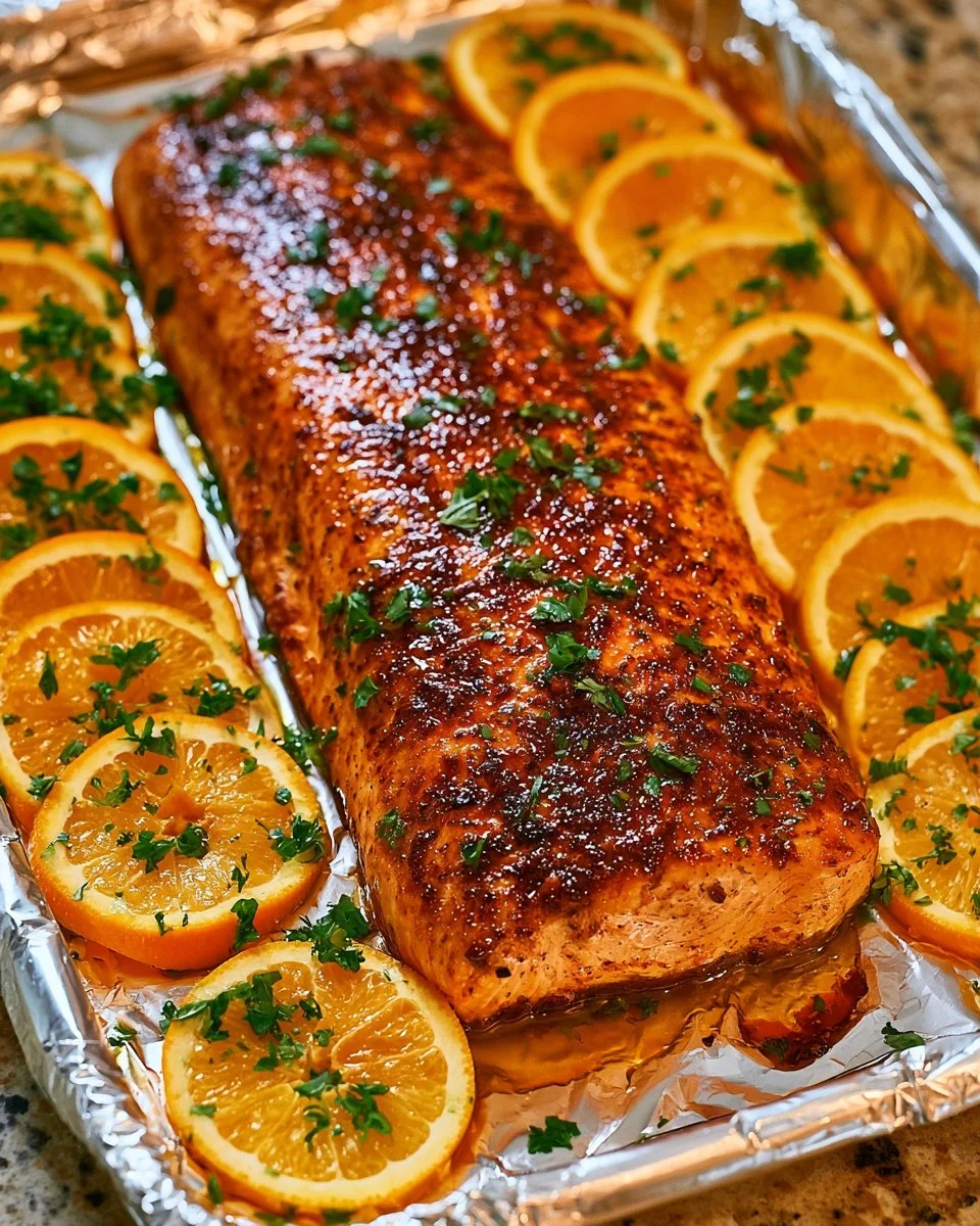 Sheet Pan Orange Chili Salmon with vibrant colors and herbs on a cooking tray