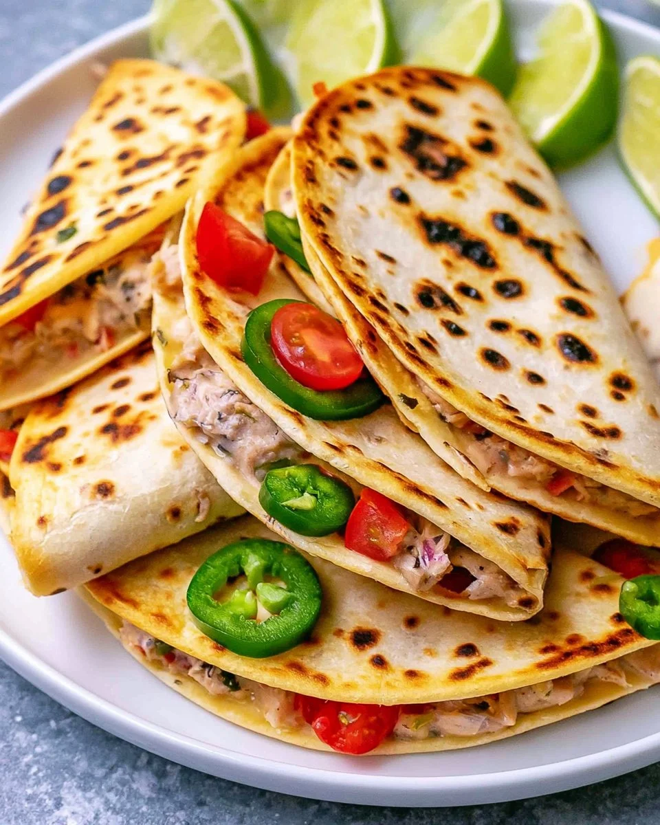 Plate of delicious shredded chicken tacos topped with fresh ingredients
