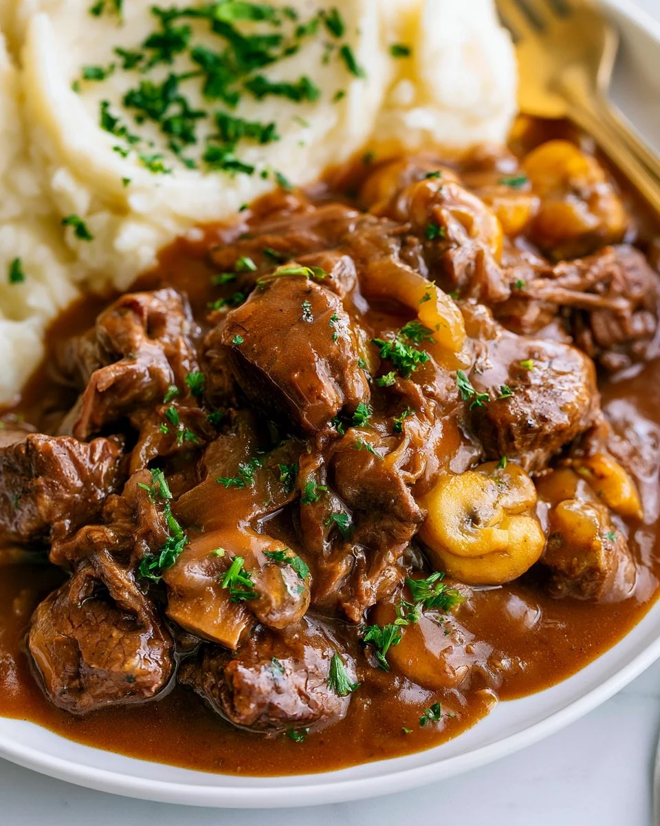 Delicious slow cooker cube steak served with mashed potatoes and gravy