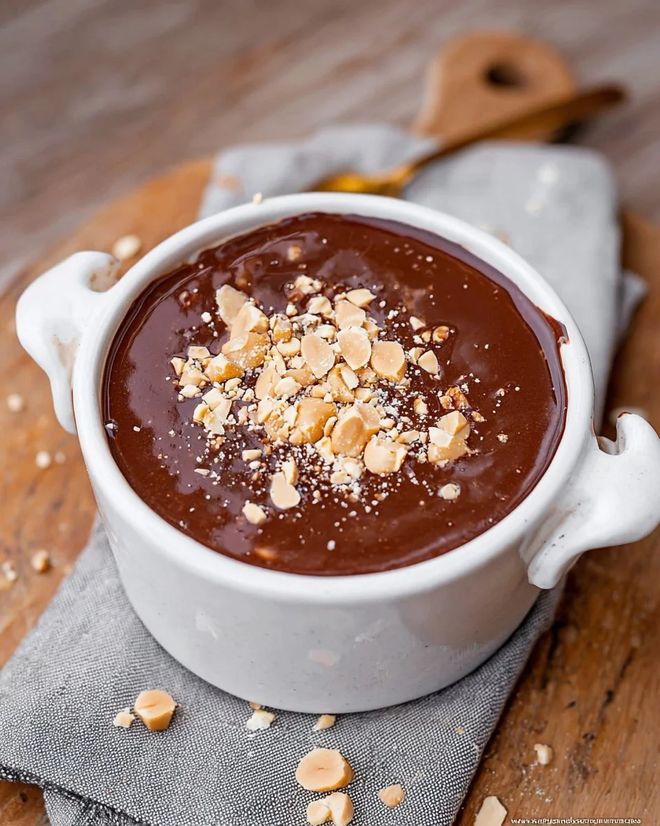 Bowl of Snickers Overnight Oats topped with peanuts and chocolate drizzle.