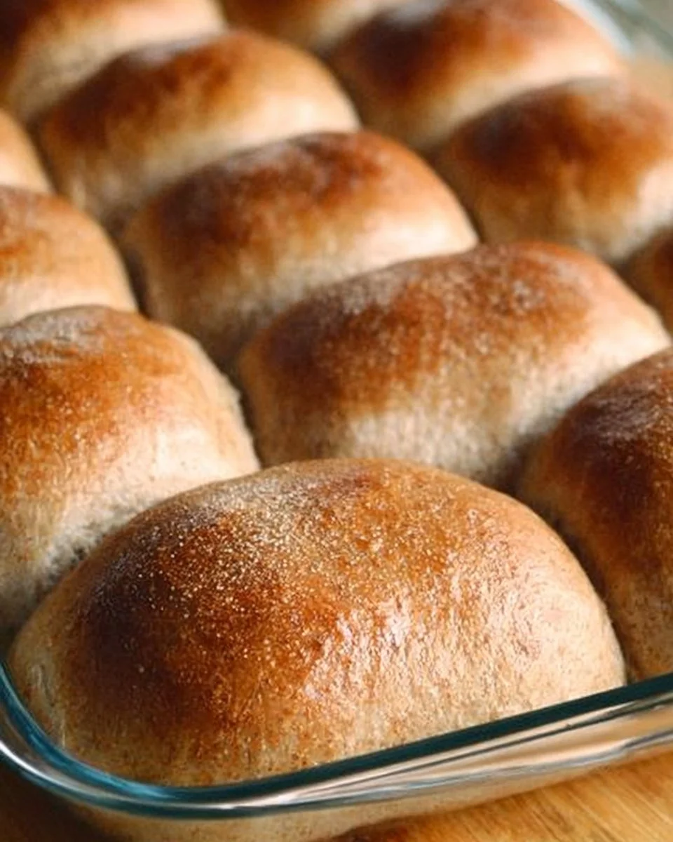 Freshly baked soft whole wheat dinner rolls on a wooden table