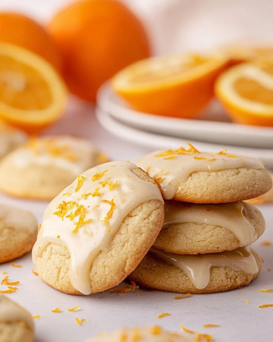 Soft orange cookies decorated with orange icing on a plate