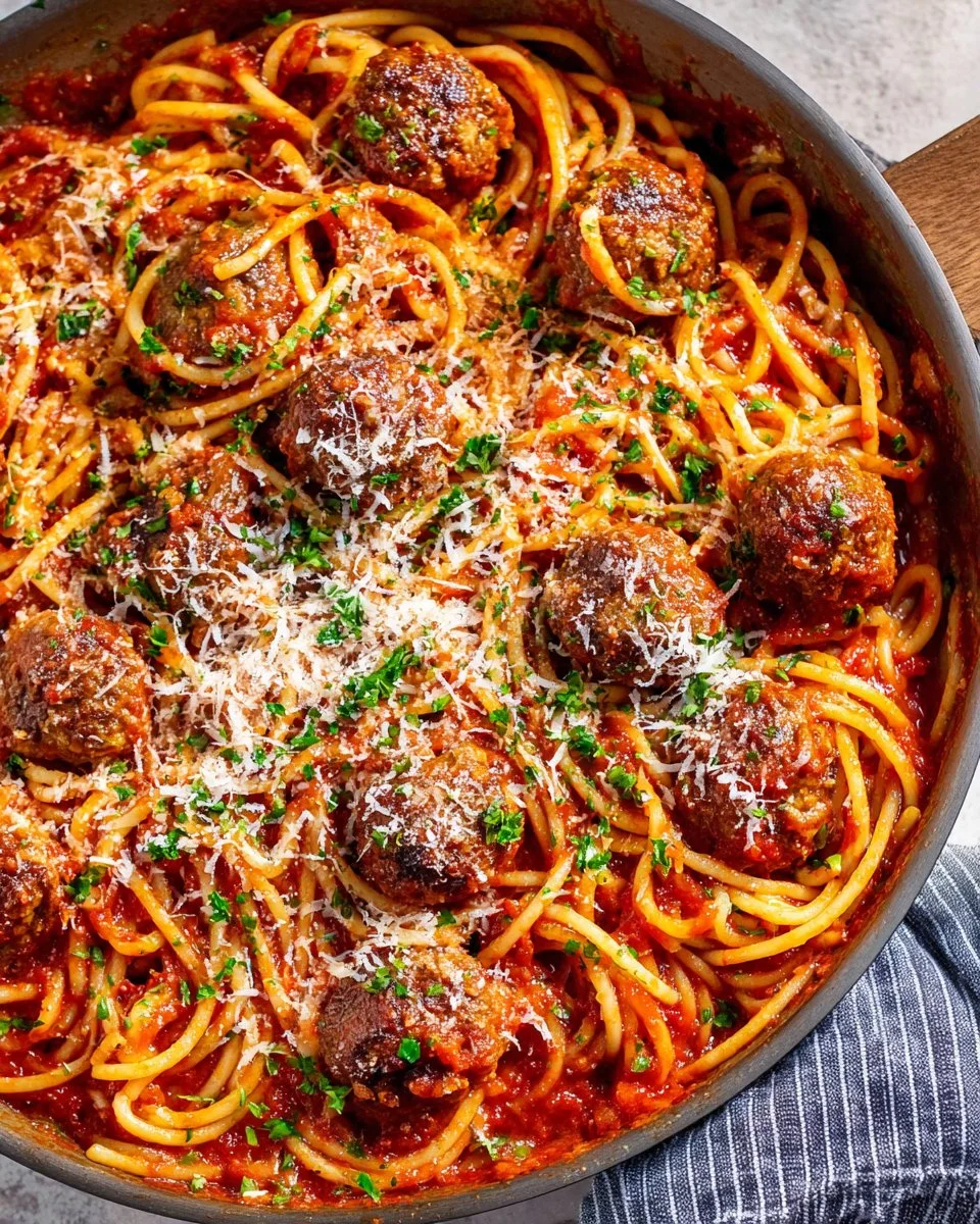 Delicious Spaghetti Meatball served on a plate with marinara sauce and basil.