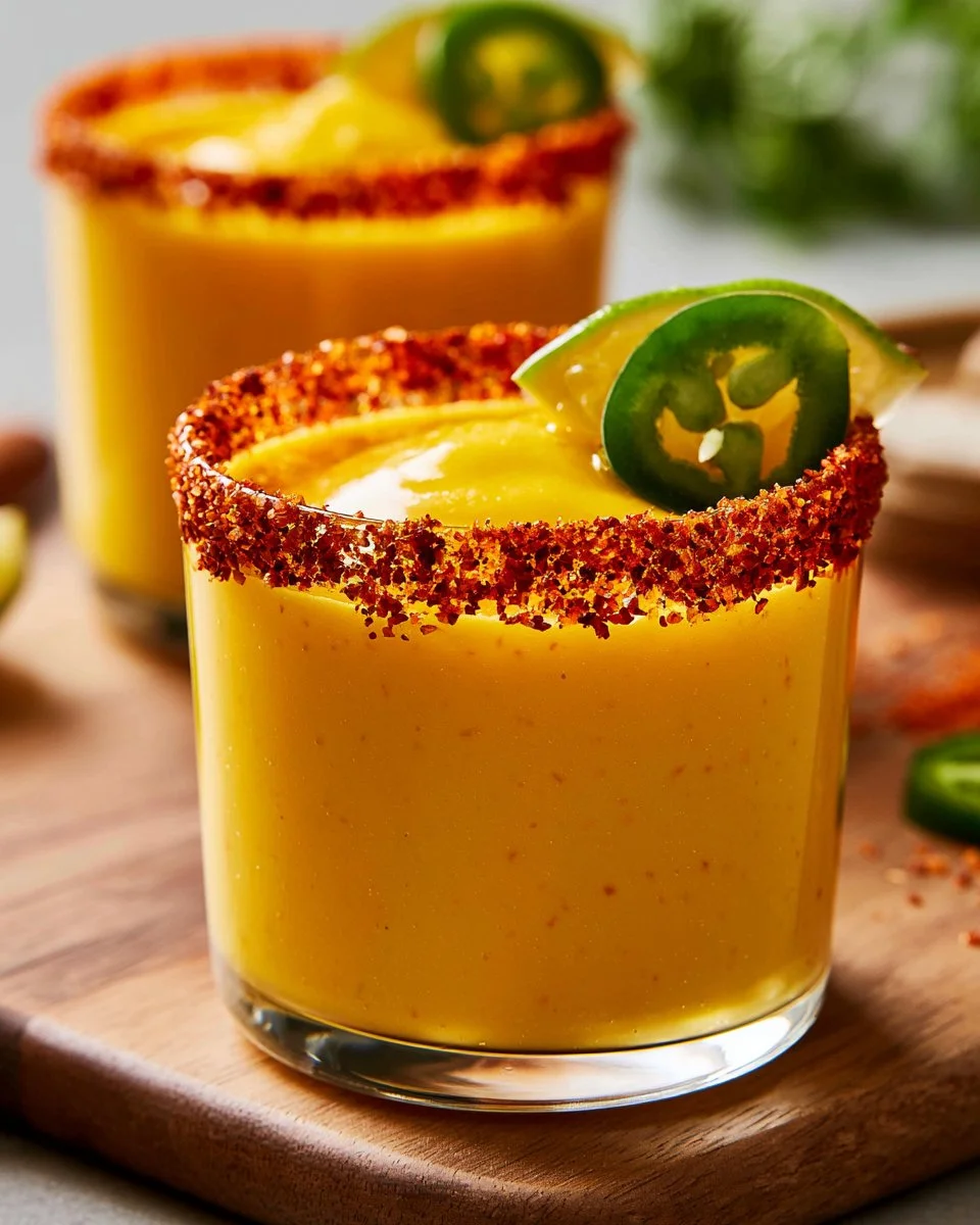 Spicy Mango Margarita served in a glass with chili rim and fresh mango slices