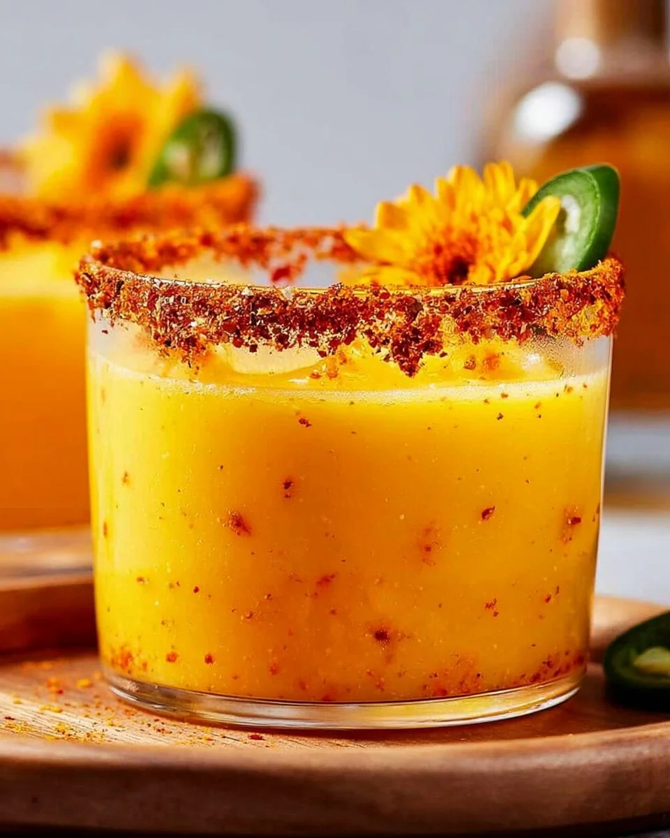Refreshing spicy mango margarita served in a glass with lime garnish