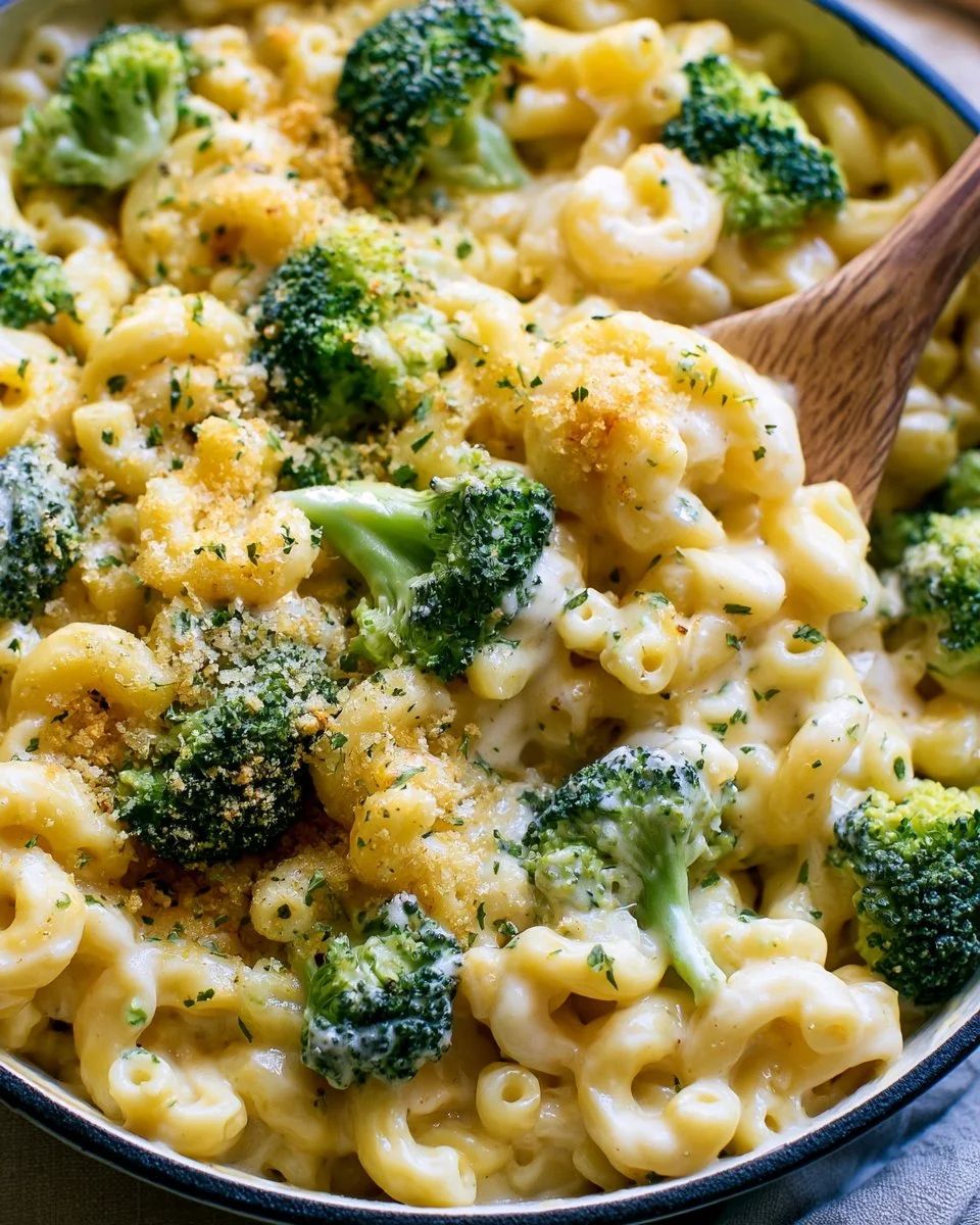 Stovetop broccoli mac and cheese with creamy cheese sauce and fresh broccoli