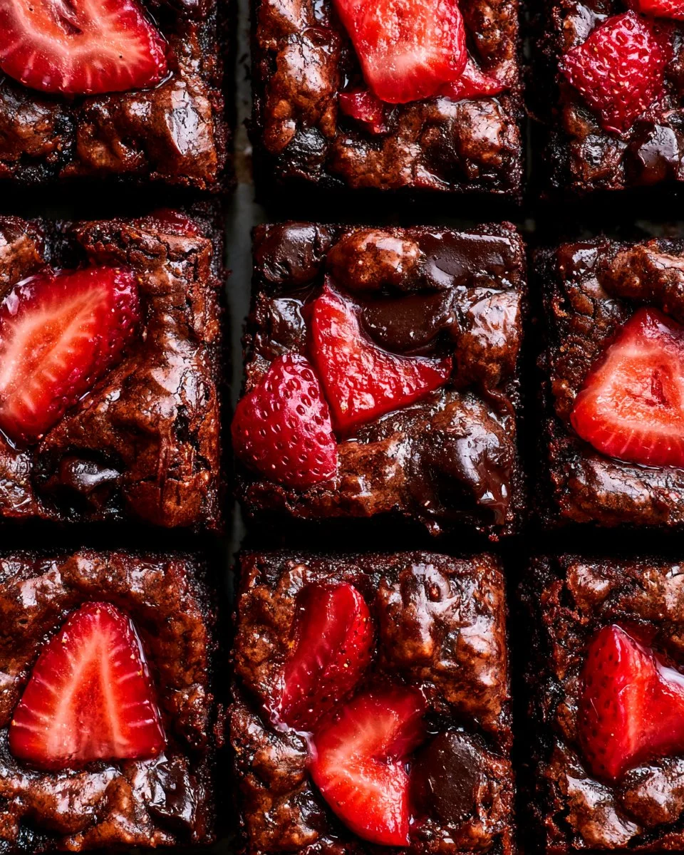 Delicious strawberry brownies fresh out of the oven, drizzled with chocolate.