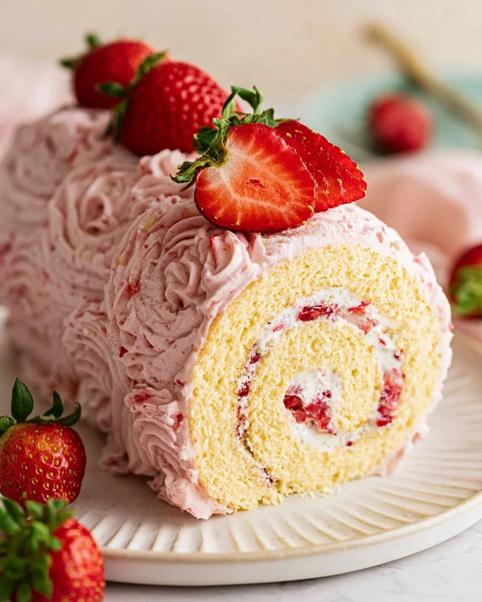 Delicious homemade Strawberry Cake Roll with fresh strawberries and cream filling