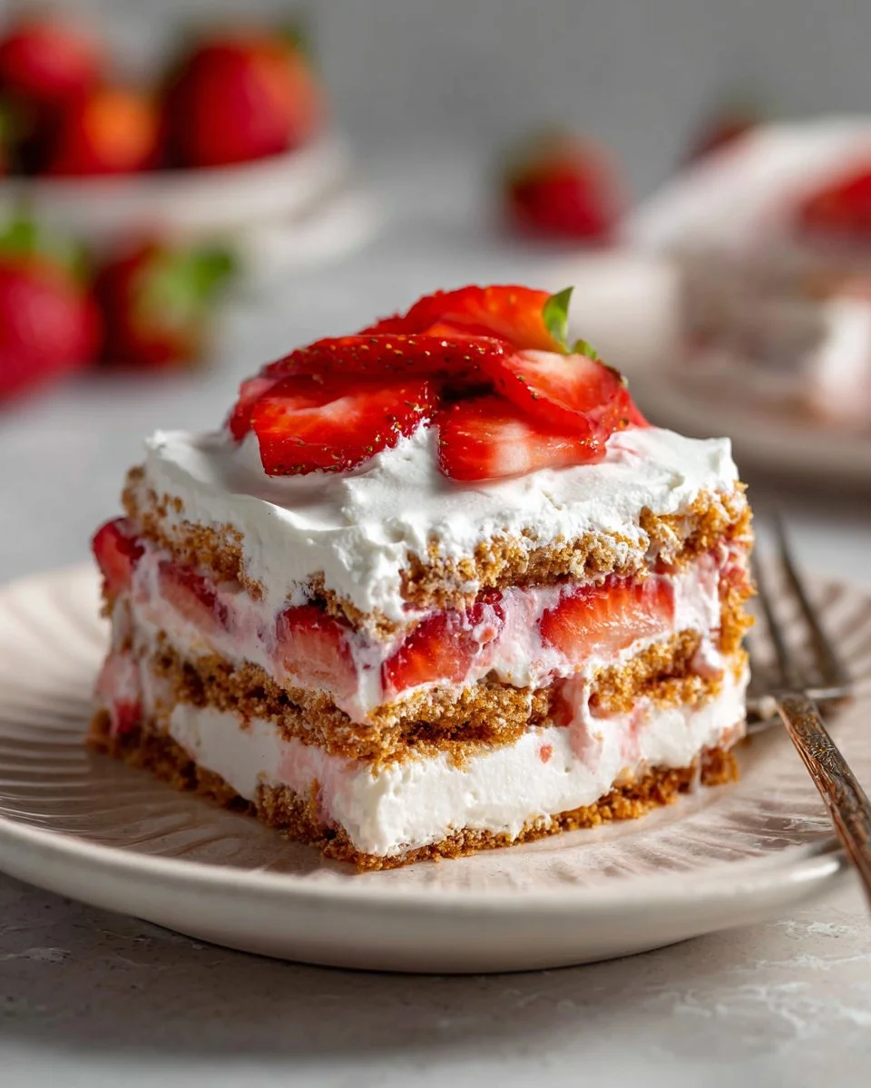 Homemade strawberry icebox cake with layers of strawberries and creamy filling