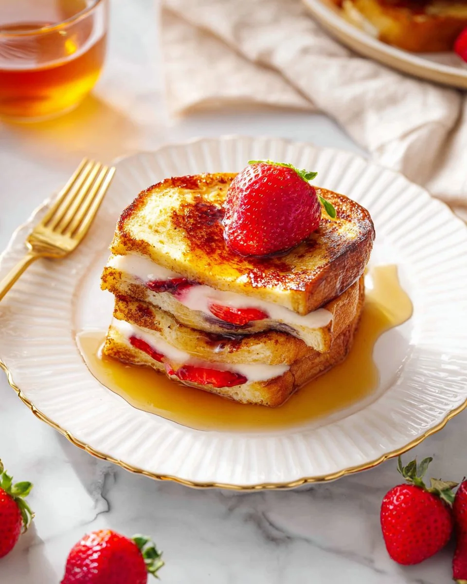 Delicious stuffed French toast topped with berries and syrup on a plate