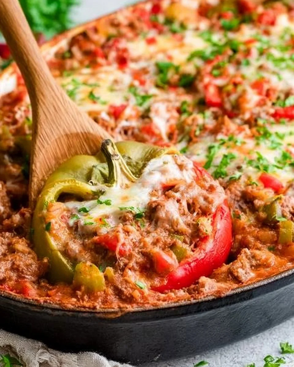Delicious stuffed pepper casserole with vibrant bell peppers and savory filling