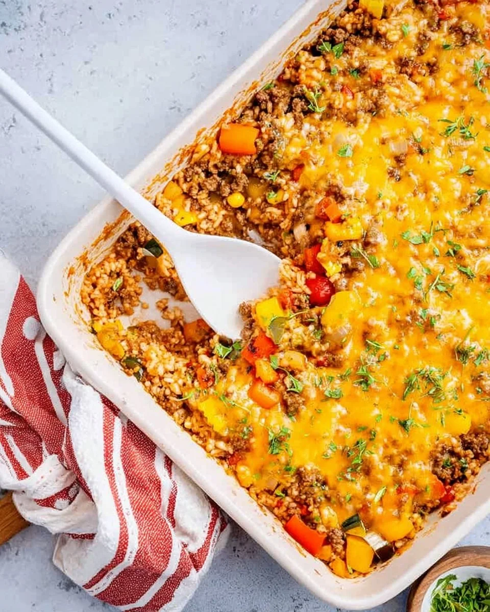 Delicious stuffed pepper casserole served in a baking dish with colorful peppers