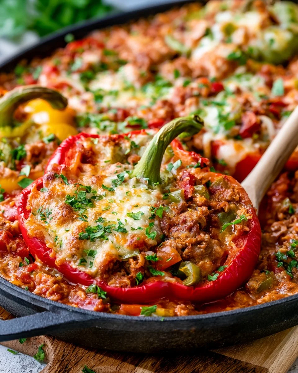 Delicious stuffed pepper casserole served in a blue dish