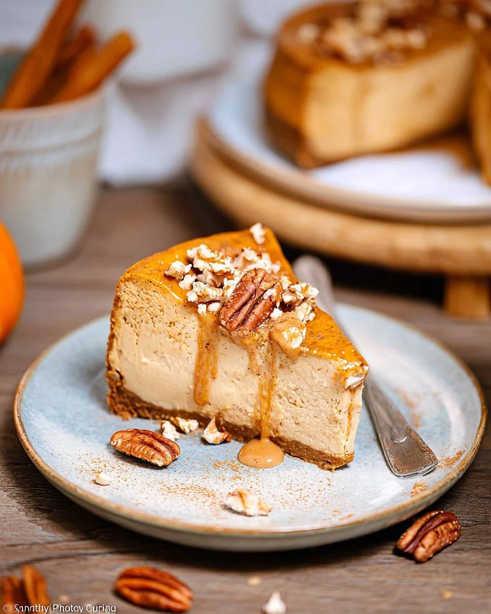 Delicious sweet potato cheesecake topped with Greek yogurt and a sprinkle of cinnamon.