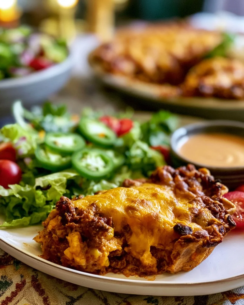 Delicious homemade Taco Pie served on a plate with toppings.
