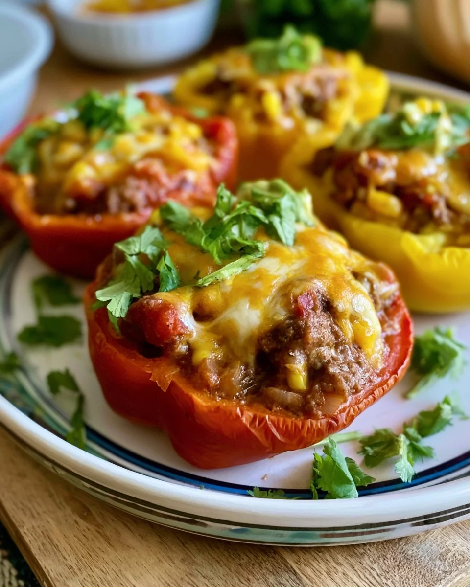 Colorful taco stuffed peppers with toppings on a white plate
