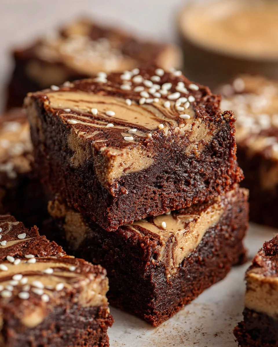 Fudgy chocolate tahini brownies on a white plate
