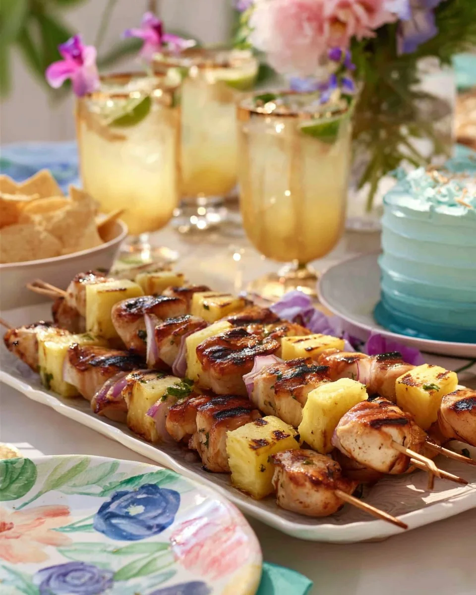 Tequila Lime Chicken Kabobs served on a platter with fresh lime and herbs.