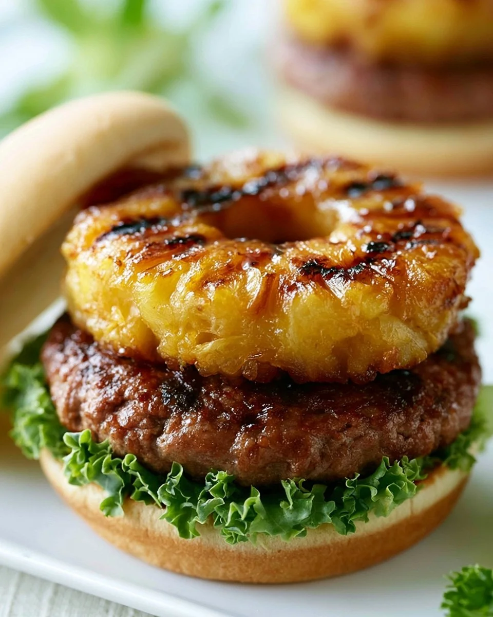 Teriyaki burger with grilled pineapple on a plate, ready to enjoy.