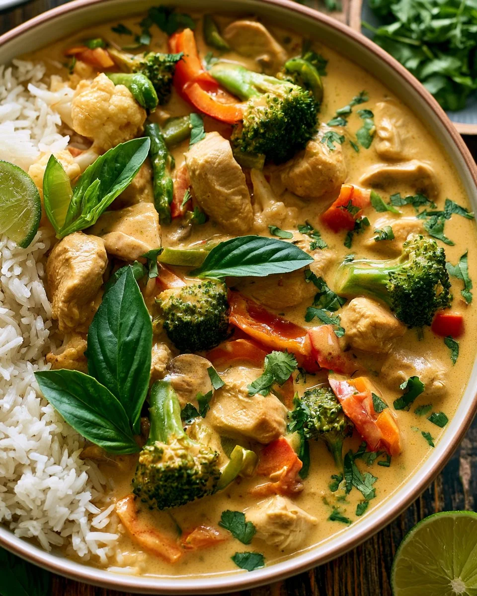 Delicious plate of Thai Coconut Chicken served with rice and fresh herbs