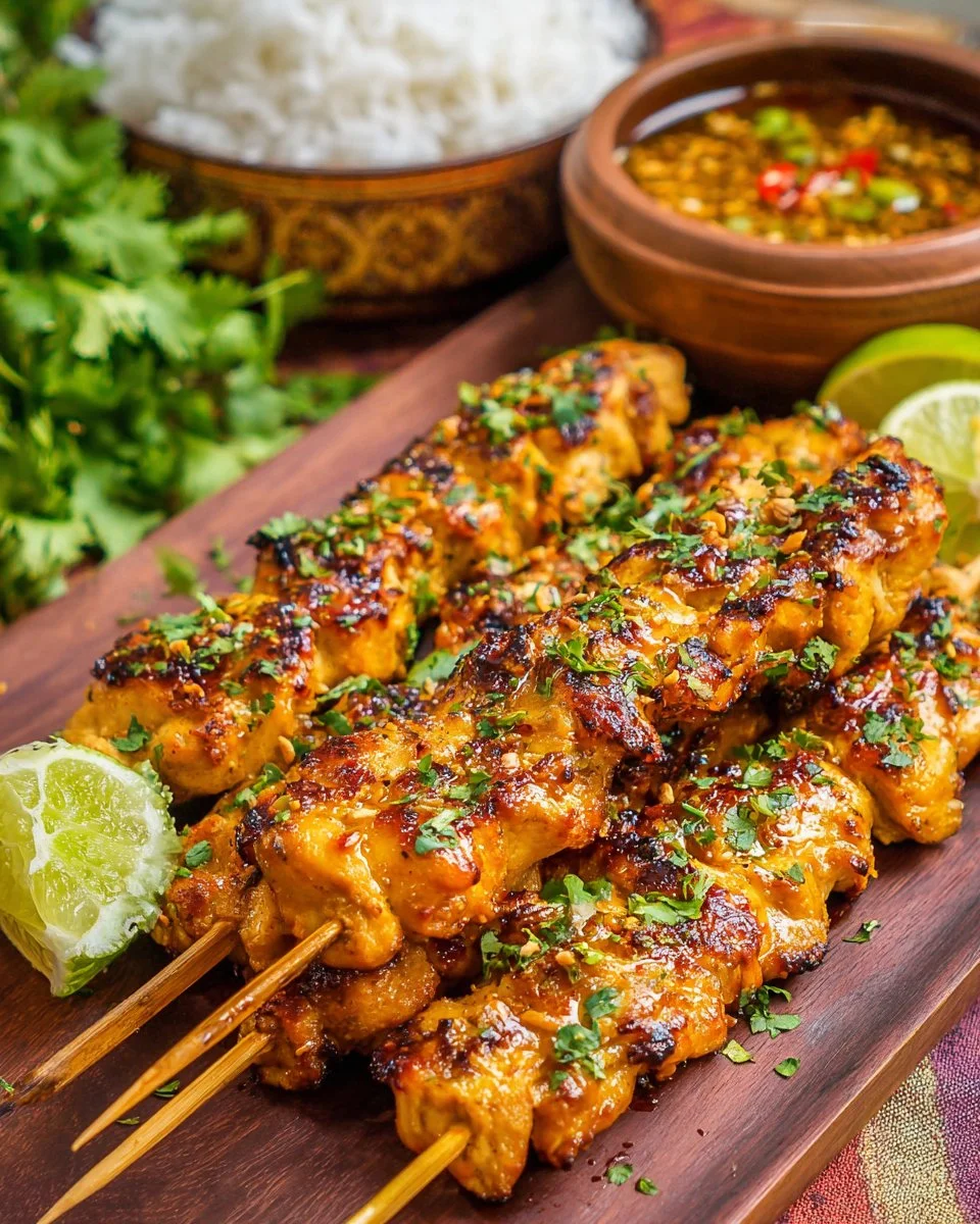 Delicious Thai grilled coconut chicken skewers garnished with herbs