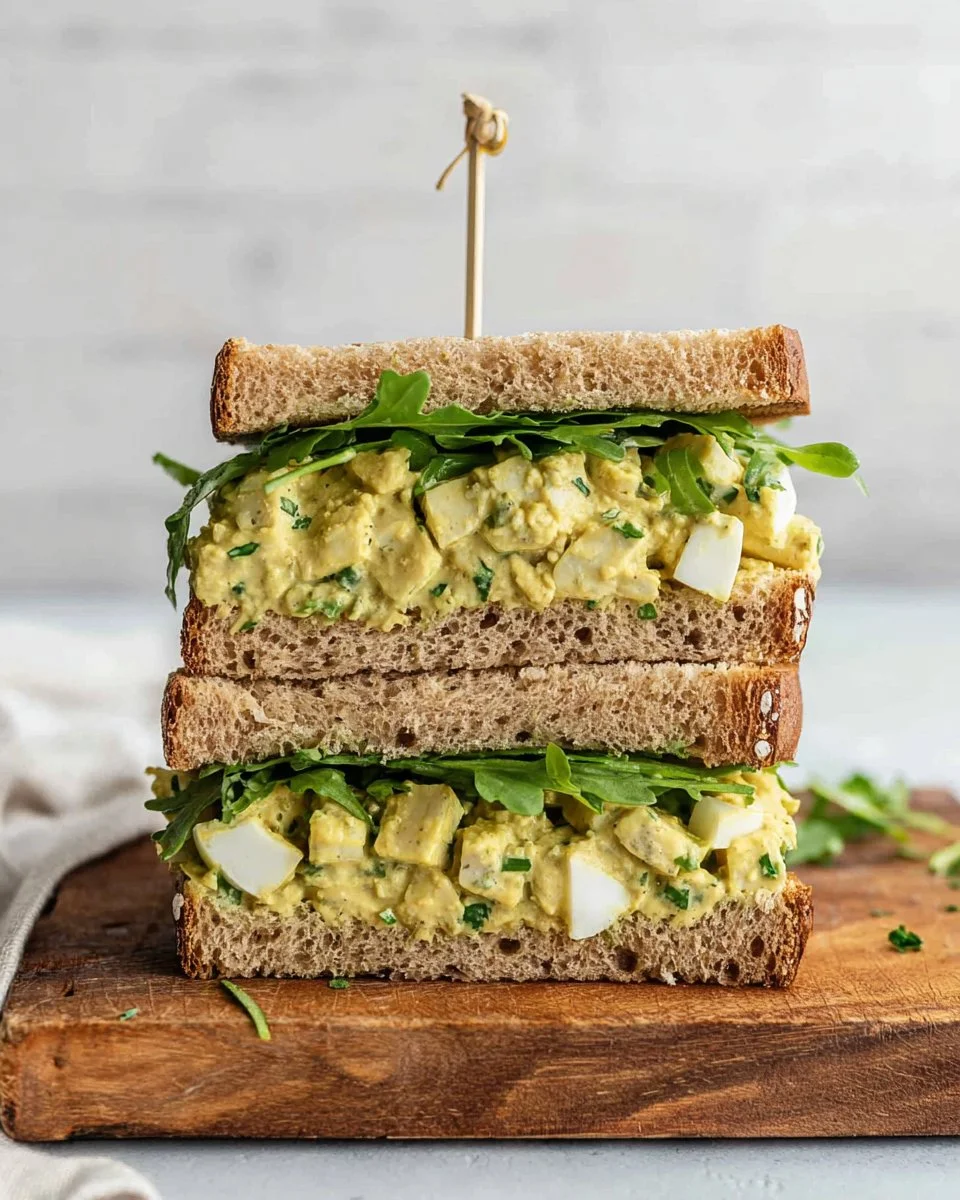 Tofu egg salad served in a bowl, garnished with herbs and vegetables.