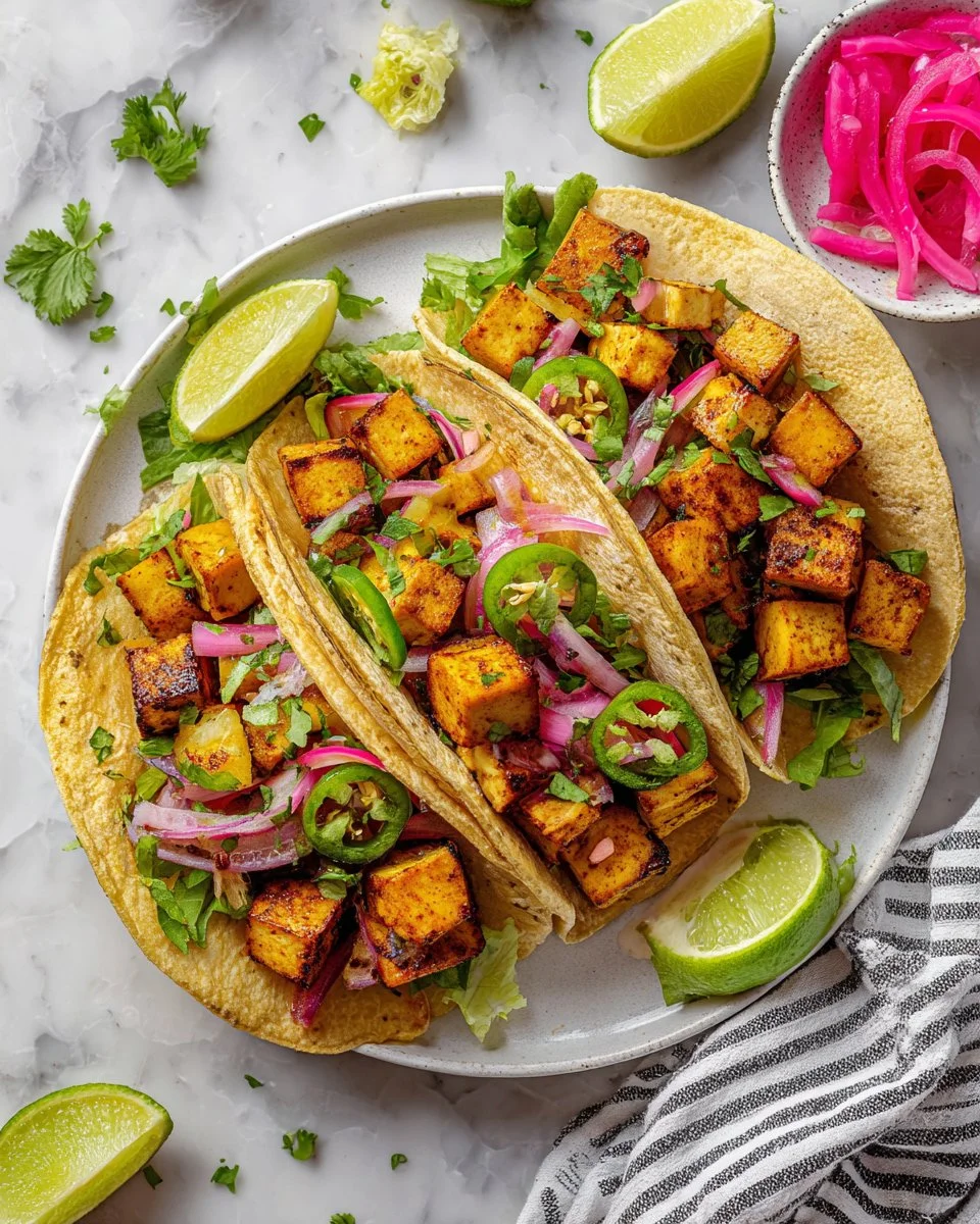 Delicious tofu tacos served with fresh toppings and vibrant colors