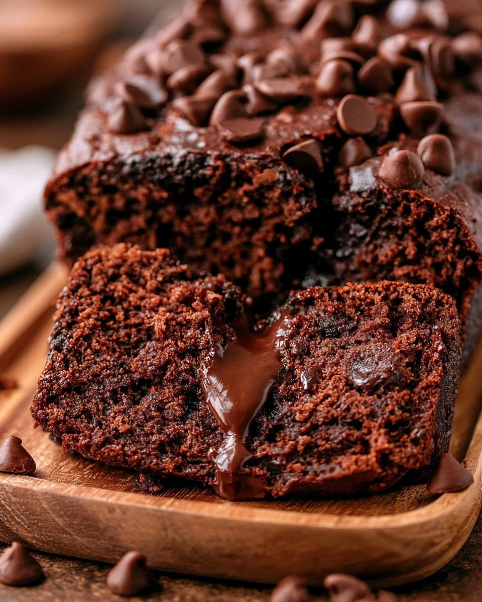 Slice of Triple Chocolate Banana Bread with chocolate chunks and bananas